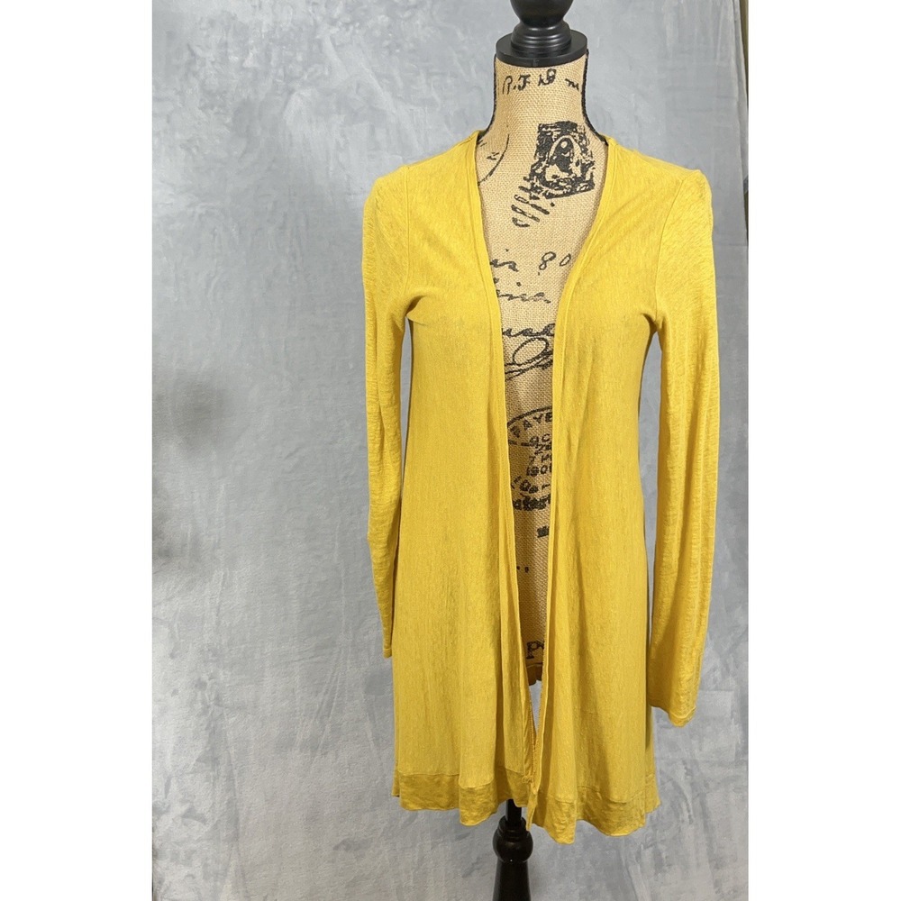 Tahari 100% Linen S Lagenlook Coastal Open Front Mustard Cardigan Sweater‎ Boho